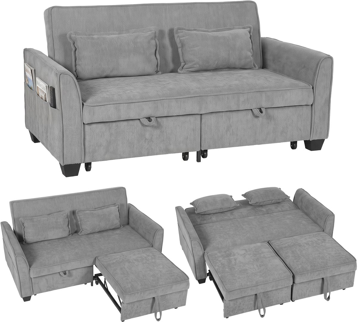 ECTEATOY® Slaapbank 2 Persoons - uitschuifbare slaapbank - met verstelbare rugleuning en zijvakken - grijs - 142cm