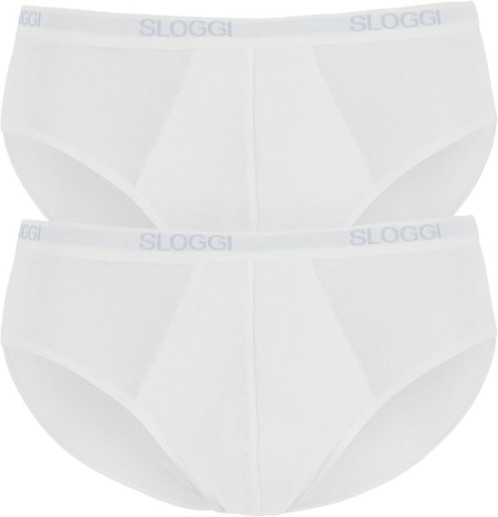 Twee witte Sloggi midi slips, elk met een grijze tailleband met logo.