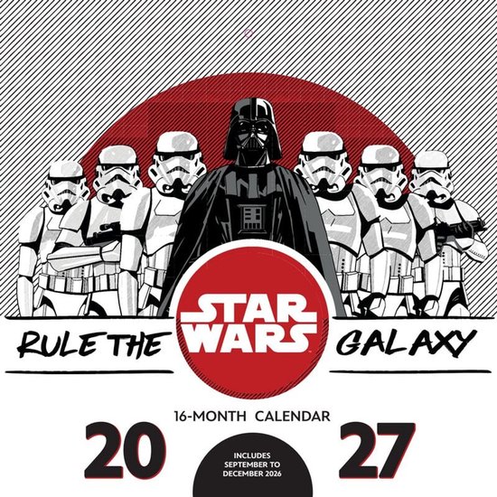 De Star Wars 16-maandenkalender 2027 met Darth Vader en stormtroopers.