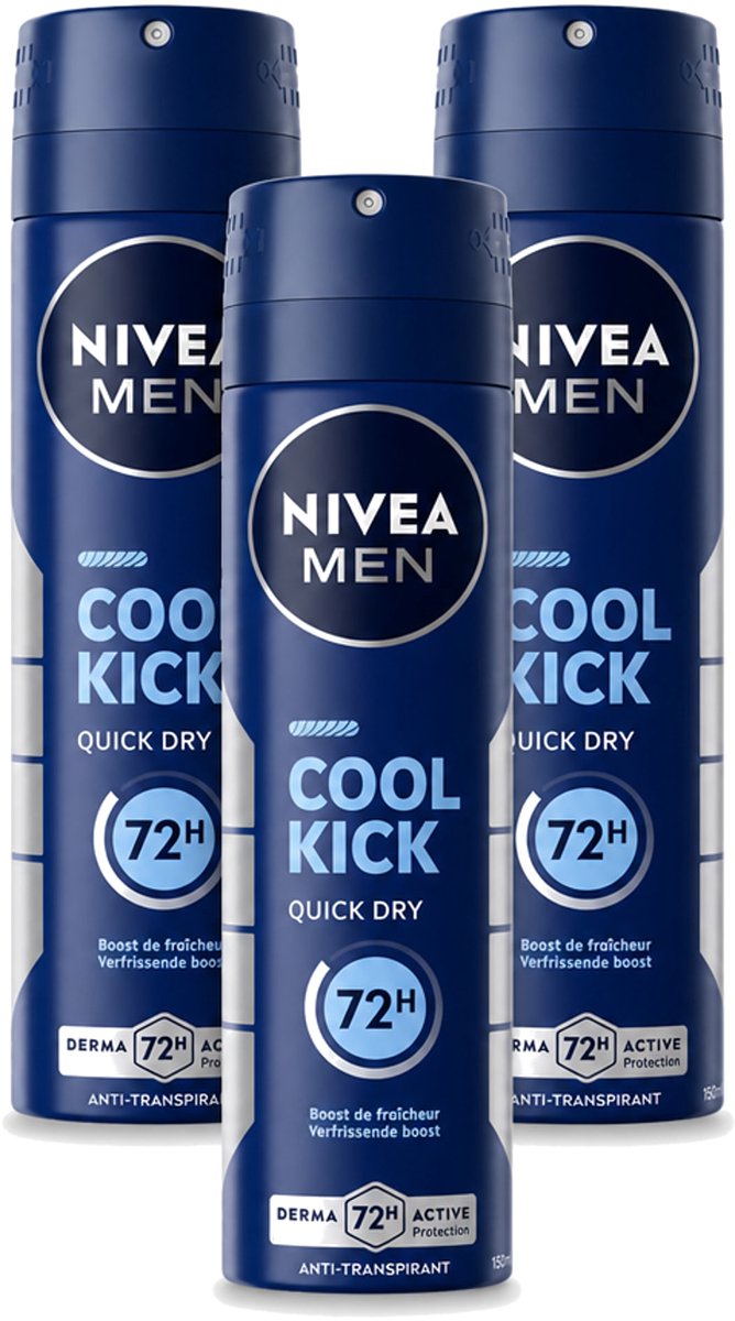 3 x Nivea - Men - Deodorant - Spray - Cool Kick - 150 ml - Bulkverpakking - 3 stuks