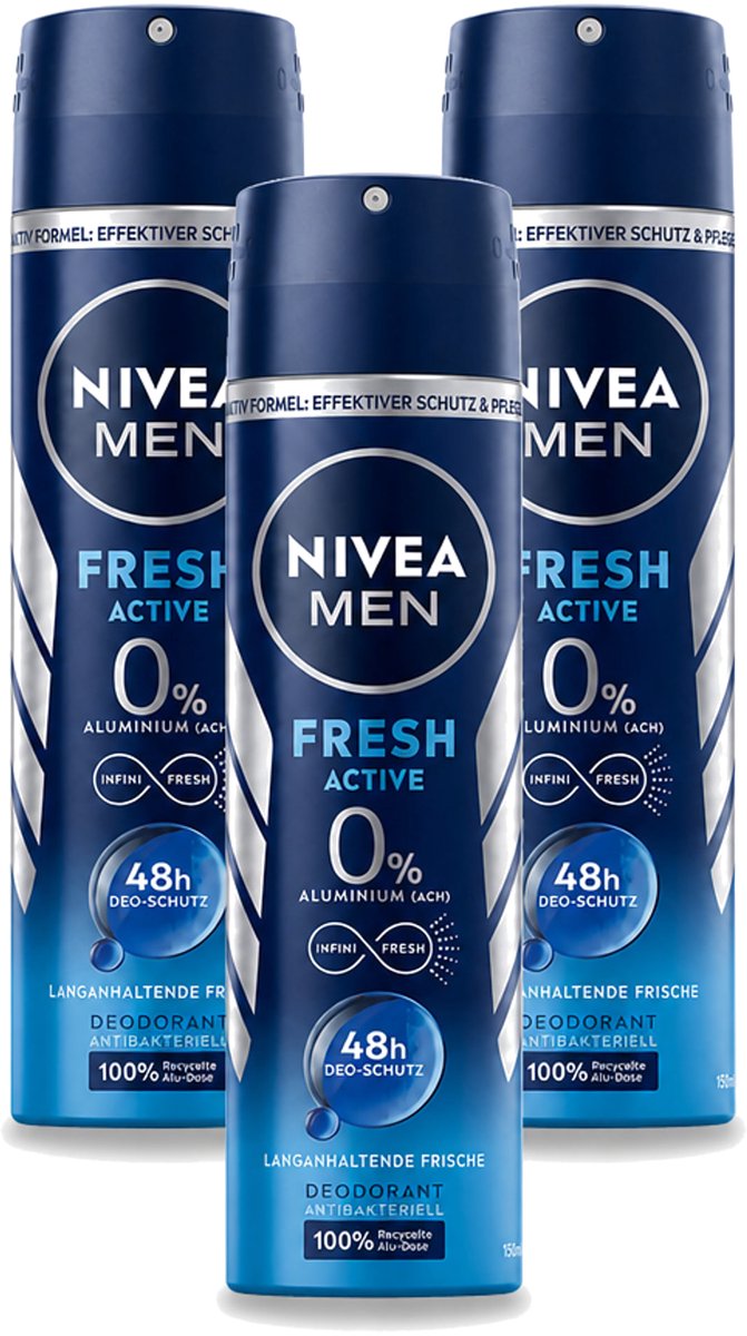 3 x Nivea - Men - Deo Spray - Fresh Active - 48 Uur Lang Werkend - 150 ml - Bulkverpakking - 3 stuks