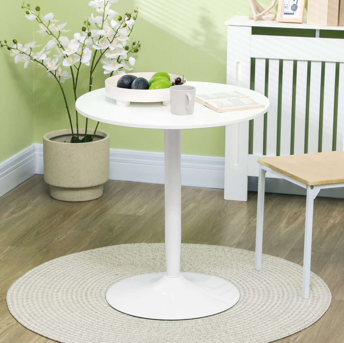 FloraGrace Ronde Eettafel voor Twee Personen met Moderne Stijl en Stalen Tafelvoet voor Keuken of Woonkamer van MDF Wit 70 x 70 x 75 cm