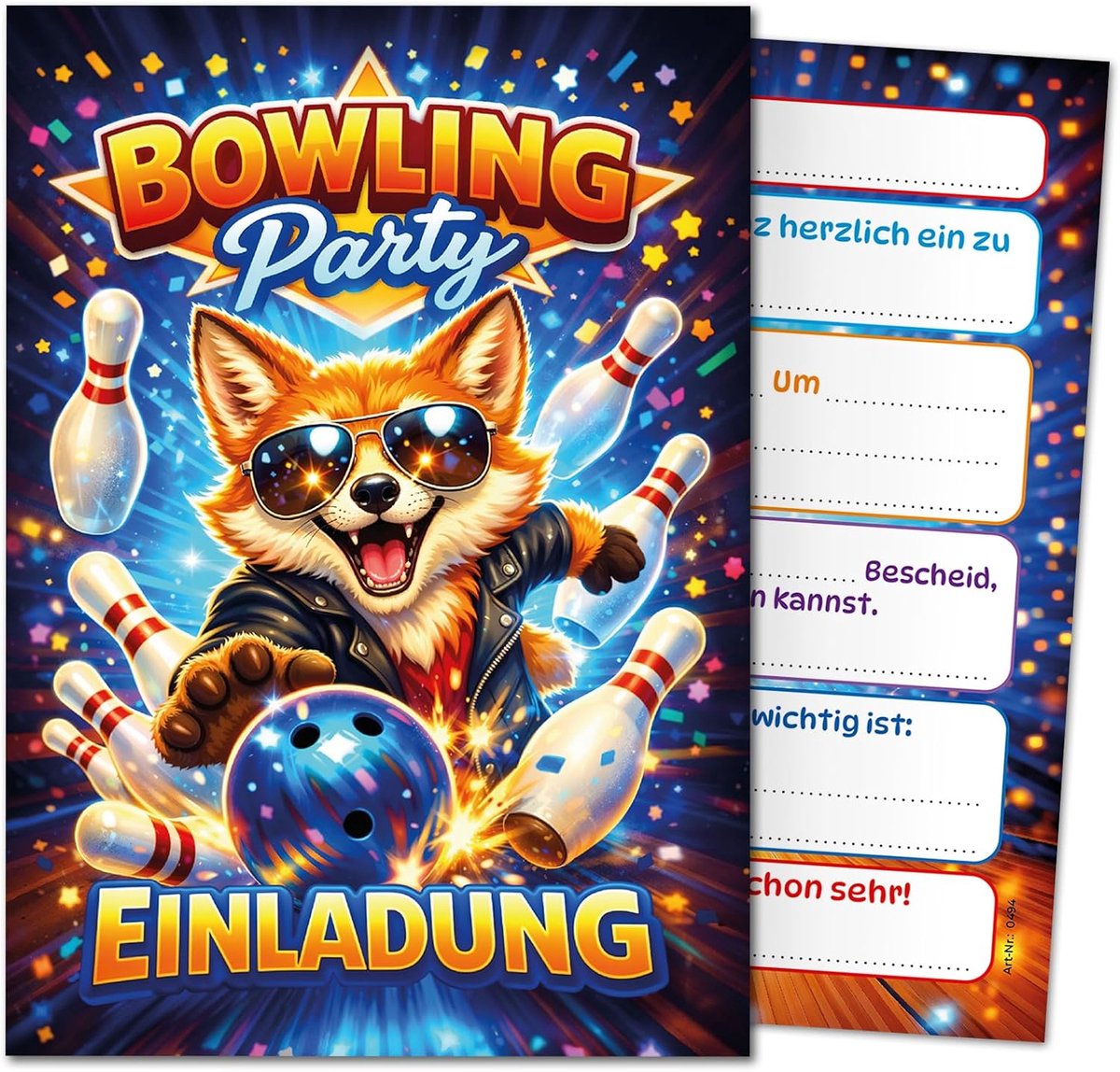 12 uitnodigingskaarten voor kinderverjaardag, bowling, meisjes, jongens, kinderen, bowlingparty, uitnodigingen, kegels, vos, verjaardag, verjaardagsuitnodigingen, jongensverjaardag