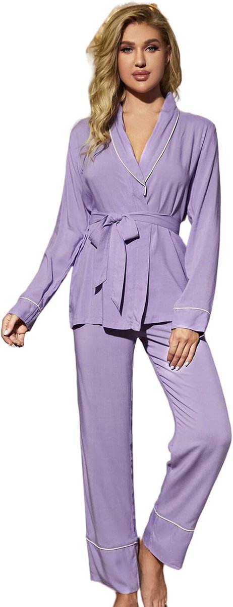 Pajama Set Women'S Long-Sleeved Lace-Up Pajamas, Fashionable And Comfortable Loungewear, V-Neck Pajamas-D-S