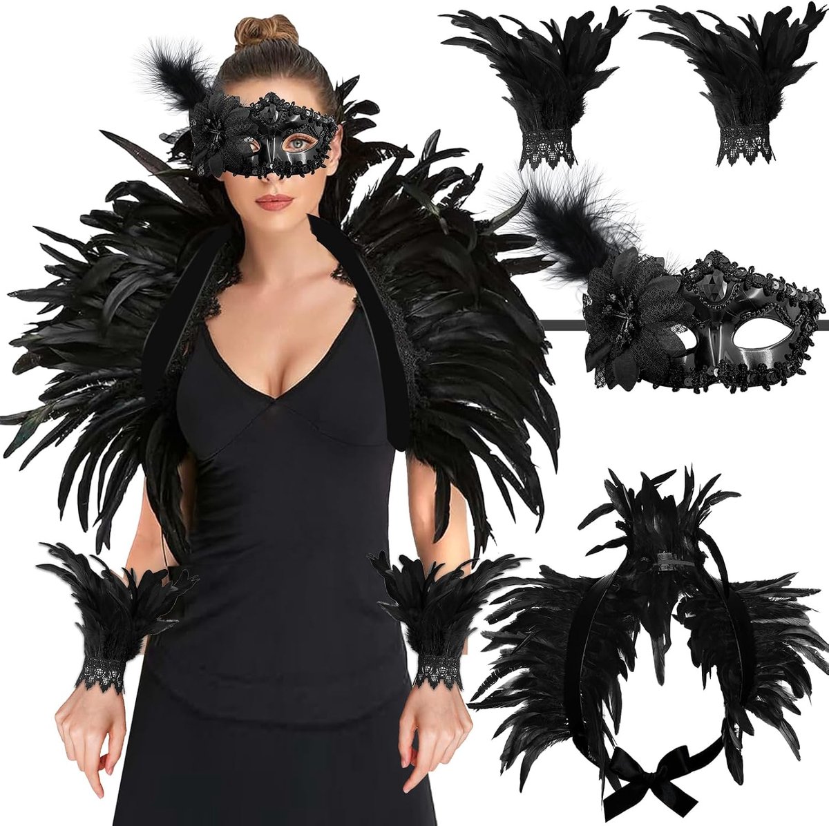 Zwarte veren, gothic, Maleficent kostuum voor dames, zwarte veerkraag, set met veer, zwarte cape, voor Halloween, carnaval, maskerade, cosplay