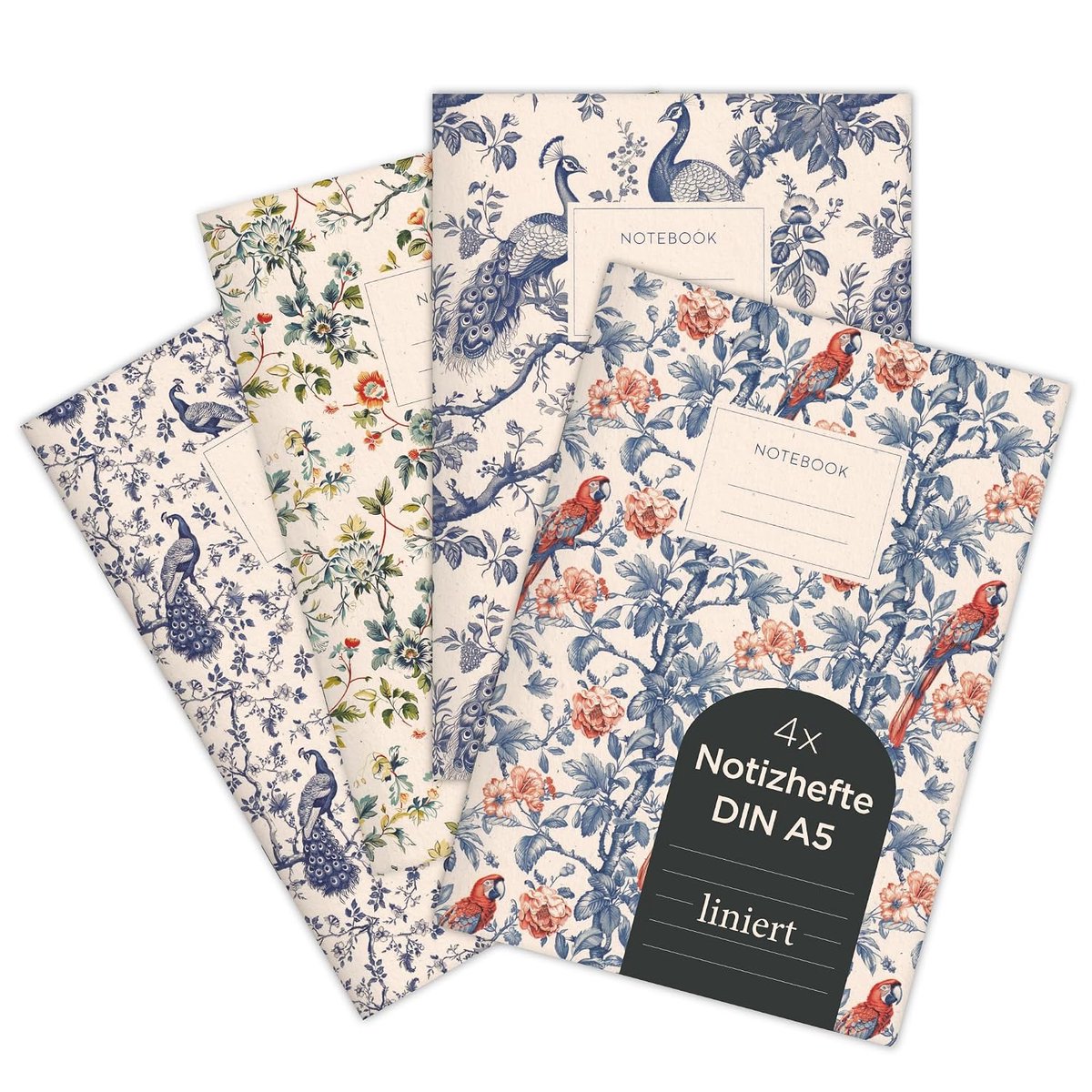 Etmamu 1074 Set van 4 notitieboekjes, A5, chinoiserie, Aziatische exotische patronen, gelinieerd