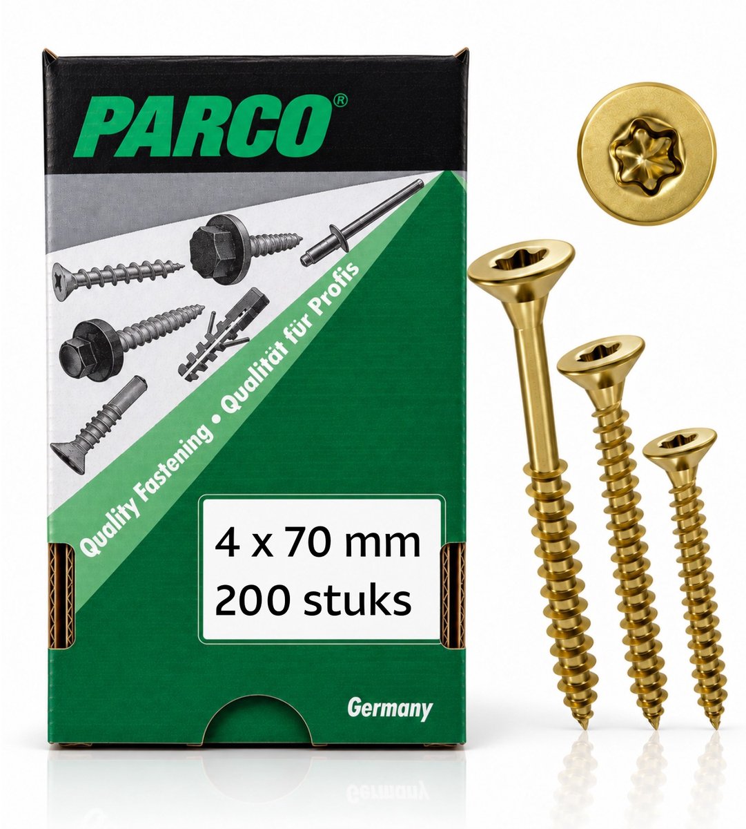 PARCO Spaanplaatschroeven 4 x 70 mm – Torx Schroeven voor Hout & Spaanplaat – Geel Verzinkt – Deeldraad – TX20 – 200 Stuks