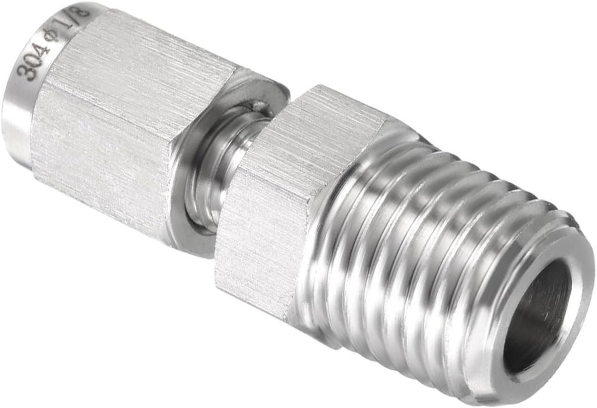 Compressietube Bevestiging, Dubbele Kappen RVS Connector (1/4 NPT Mannelijk x 1/8" Tube OD) voor Duurzame Installaties en Betrouwbare Verbindingen