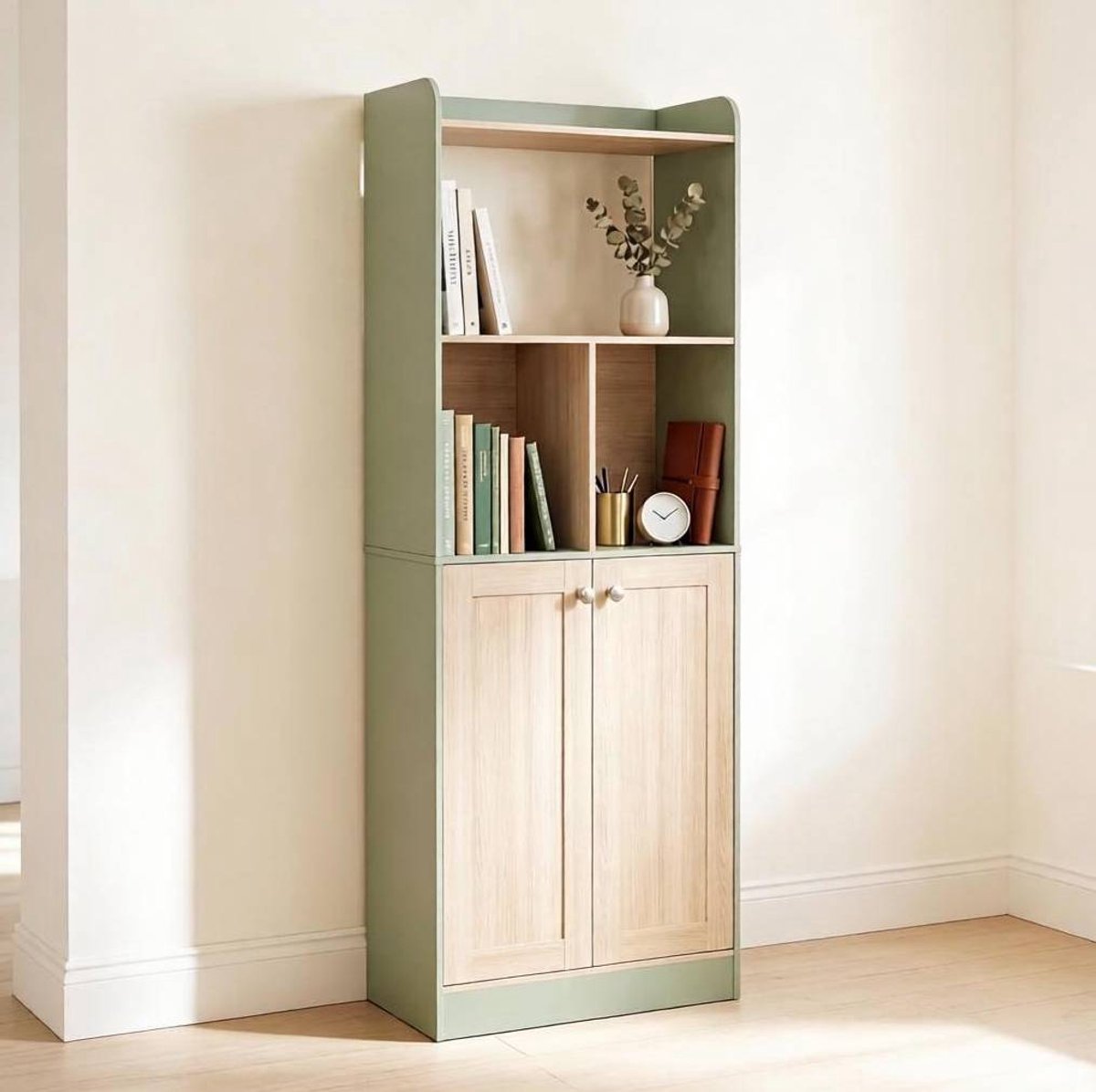REDOM Boekenkast - Open displayvakken en dichte onderkast - Meerdere opbergvakken - Woonkamer - Spaanplaat en MDF - Groen en hout - 60 x 30 x 161,2 cm