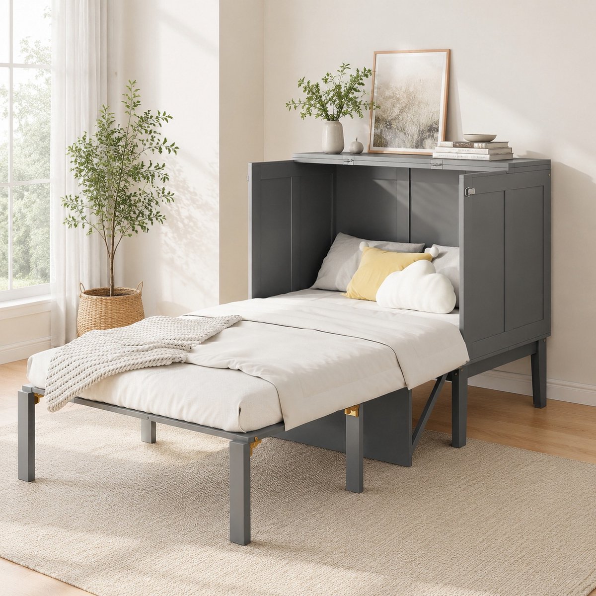 MEUNIQ Opklapbed 90 x 200 cm met lattenbodem, verticaal wandbed met vrije ruimte onder het bed voor de slaapkamer, grijs