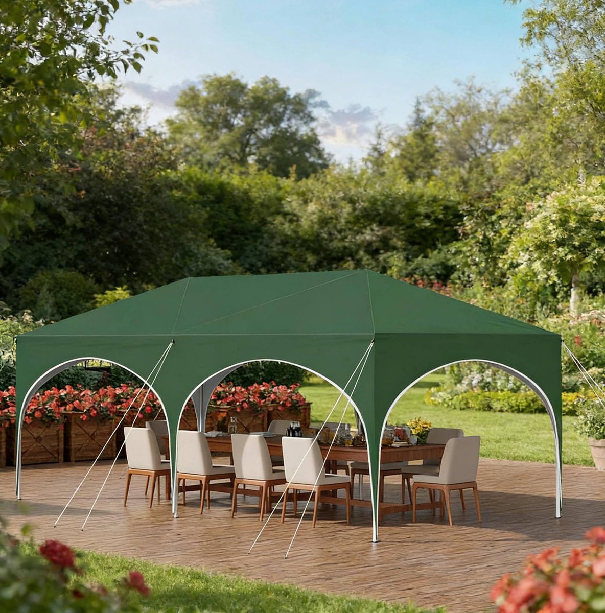 MEUNIQ Partytent paviljoen 3 x 6 m – groen, pop-up, in 3 hoogtes verstelbaar, 6 afneembare zijwanden met ramen, UV-bescherming 50+ en opbergtas