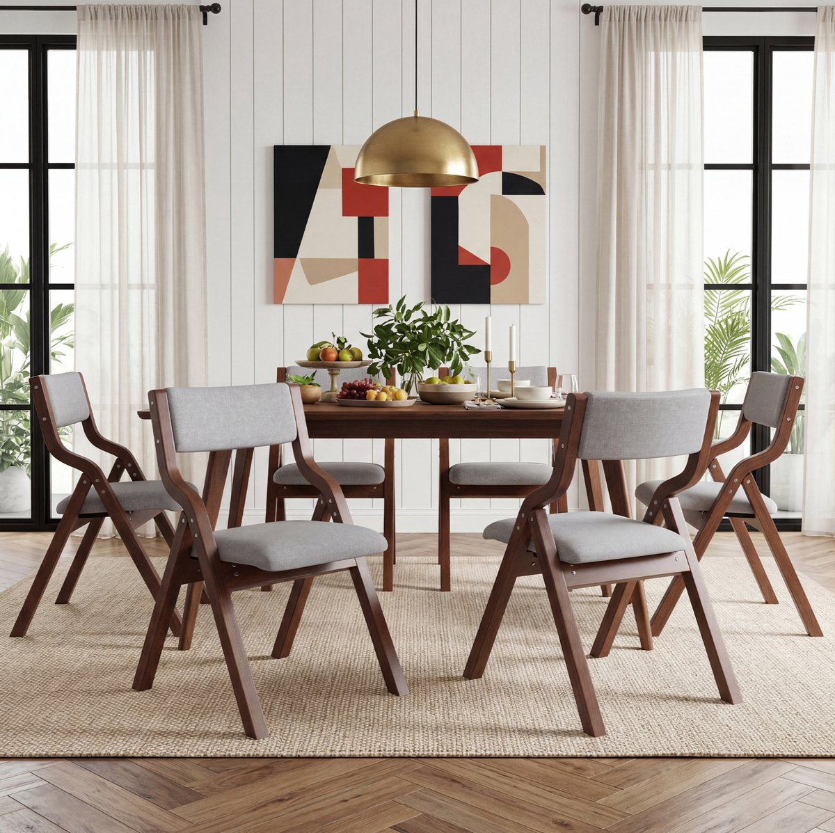 REDOM Eetkamerstoelen set van 4 - Opvouwbaar ontwerp - Met armleuningen - Linnen bekleding - Moderne stijl - Hout - Grijs - 55 x 49 x 81 cm