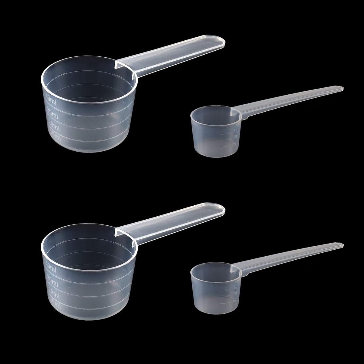 Set van 4 transparante maatlepels met nauwkeurige schalen voor bakken, koken en doseren van poeders en vloeistoffen, 2-4g en 10-40ml