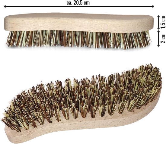 6 stuks schuurborstels, reinigingsborstel met extra harde borstels, poetsborstel, handschrobber, ergonomische handgreep van hout in S-vorm, wortelborstel voor keuken, tuin, huishouden - Made in — afbeelding 3