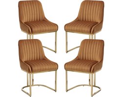 Chairus Set van 4 fluwelen gestoffeerde stoel met rugleuning, keukenstoelen met goudkleurige metalen poten, moderne designstoel voor eetkamer/woonkamer, bruin