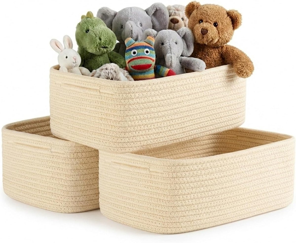 3 stuks, geweven opbergmand, plankmanden van gevlochten katoenen touw met handgrepen, gevlochten mand voor kinderkamer, badkamer, bergruimte, 30 x 20 x 11 cm, beige