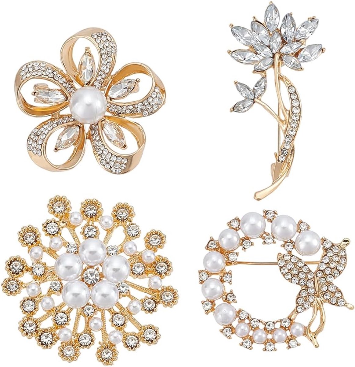 Broches van strass-steentjes en parels, broche in de vorm van een glinsterende bloem en vlinder van platina-legering, goudkleurig, accessoires voor jurk en kostuum