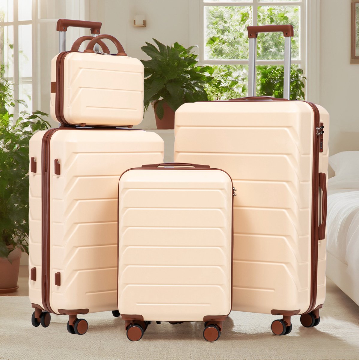 MEUNIQ 4-delige ABS hardcase kofferset met 14 inch cosmetickoffer, 19/24/28 inch spinnerkoffers, cijferslot, telescopische trekstang en zijhaken, beige