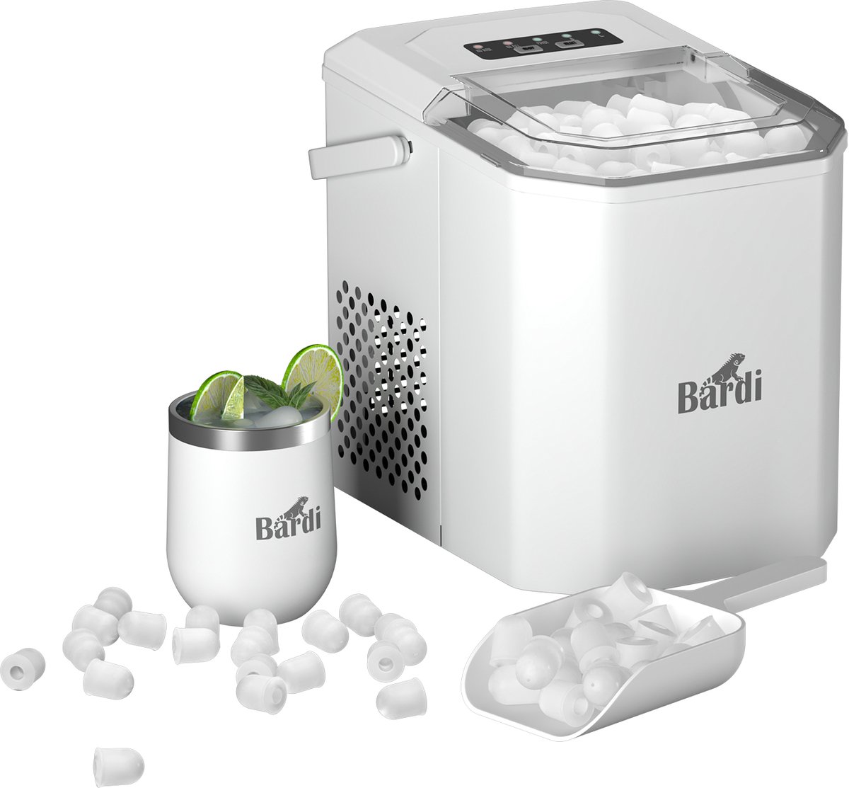 Bardi 1.3L Deluxe IJsblokjesmachine Square – IJsblokmaker Inclusief Luxe Thermosbeker en IJsschep – 9 Blokjes in 8 Minuten – WIT