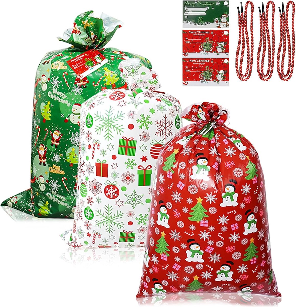 3 stuks grote kerstzakken, 92 x 142 cm, rood, groen, wit, cadeauzakjes, enorme kerstzakjes met etiket en stropdas, herbruikbaar, plastic zakken, kerstzak, XXL, gebakzakjes voor geweldig cadeau