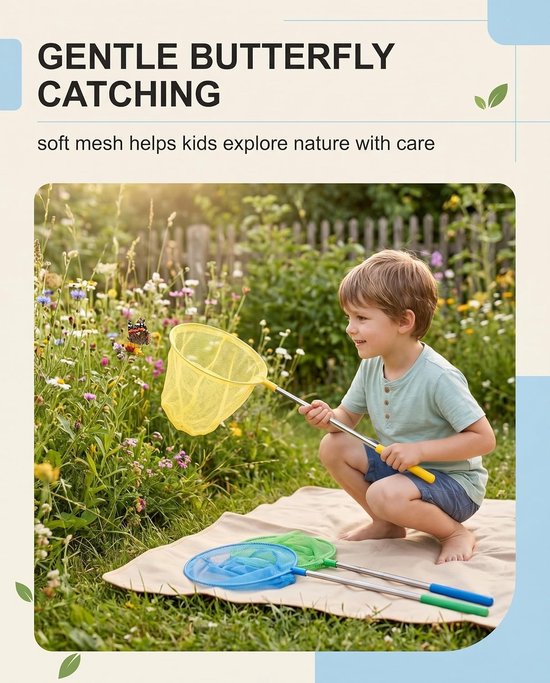 Vlindernet voor kinderen, visnet, 3-delig, geel, blauw, groen, zacht net, anti-rotatie, pijnloos, vangt vlinders en mini-vissen voor natuurervaringen buitenshuis — afbeelding 5