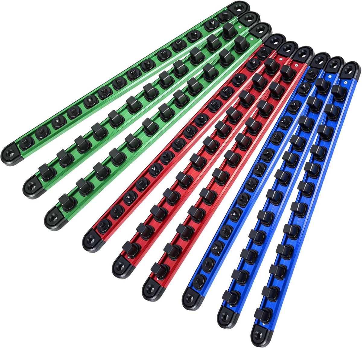 9 stuks aluminium magnetische dopsleutelorganizers, 1/4 inch, 3/8 inch, 1/2 inch klemrails met afneembare 360° draaibare clips, gereedschapslade (blauw/rood/groen, zonder dopsleutels)