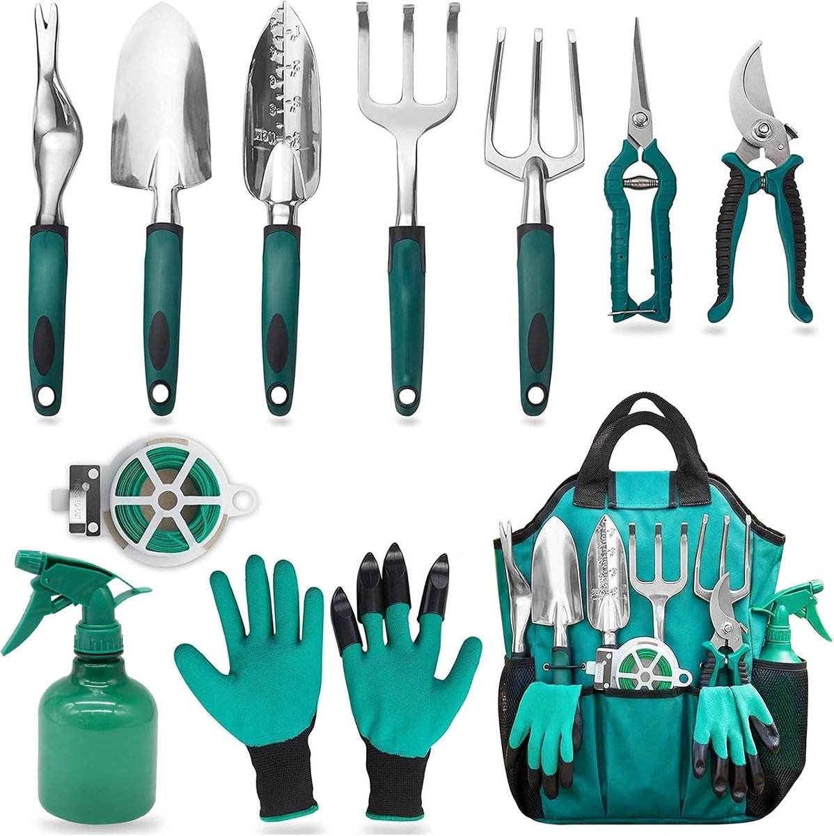 11-delige tuingereedschapsset met ergonomische anti-slip handgreep incl. opbergtas, tuinschep, spuitfles, tuinschaar, tuinhandschoenen, tuingereedschap, cadeau voor tuinliefhebbers