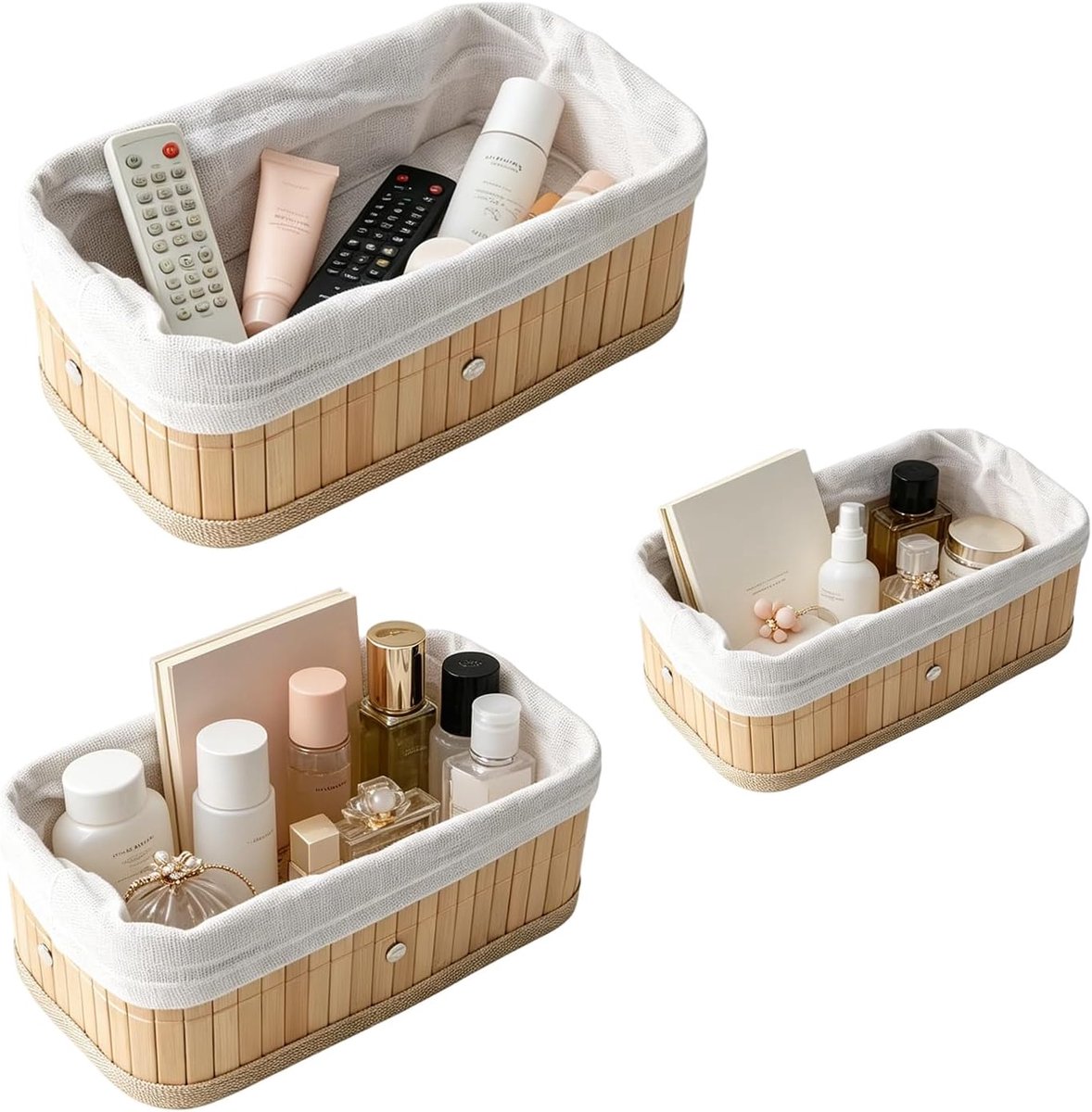 opbergmanden, set van 3, rechthoekig, met stoffen inzetstuk | Kleine manden, stapelbare organizer, manden, badkamer, mand, opbergmand, luiertafel voor babykamer, natuur