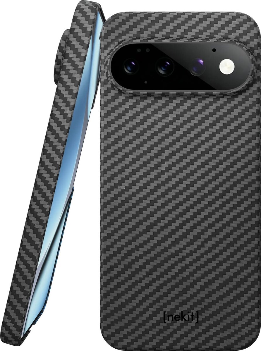 NEKIT Fiber Hoesje Geschikt voor Google Pixel 11 - Compatibel met MagSafe en Qi2 - High-Tech Kevlar - Back Cover Ultra Dun - Grijs/Zwart