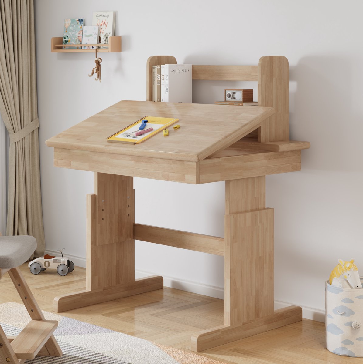 MEUNIQ Kinderbureau hoogteverstelbaar met kantelbaar tafelblad 80 x 80 cm, boekhouder en anti-knelgreep voor schrijven, lezen en tekenen, naturel