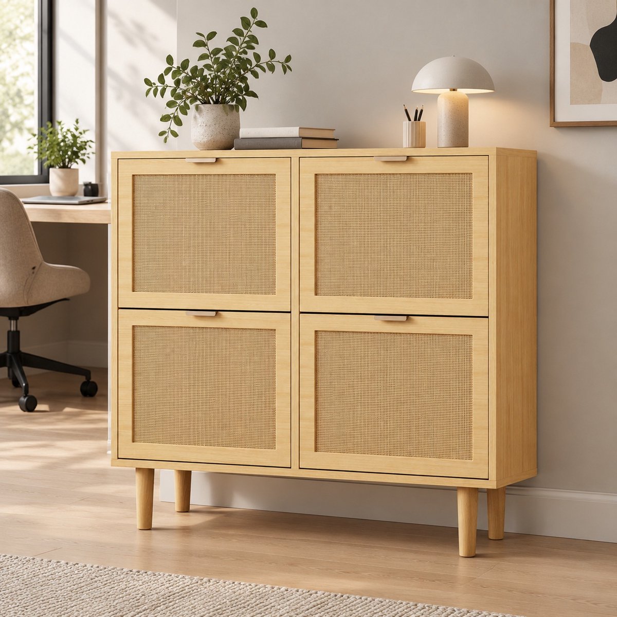 MEUNIQ Schoenenkast met 4 kleppen 100 x 25 x 90 cm, rattan deuren, verstelbare planken en opbergruimte voor hal of slaapkamer, licht eiken
