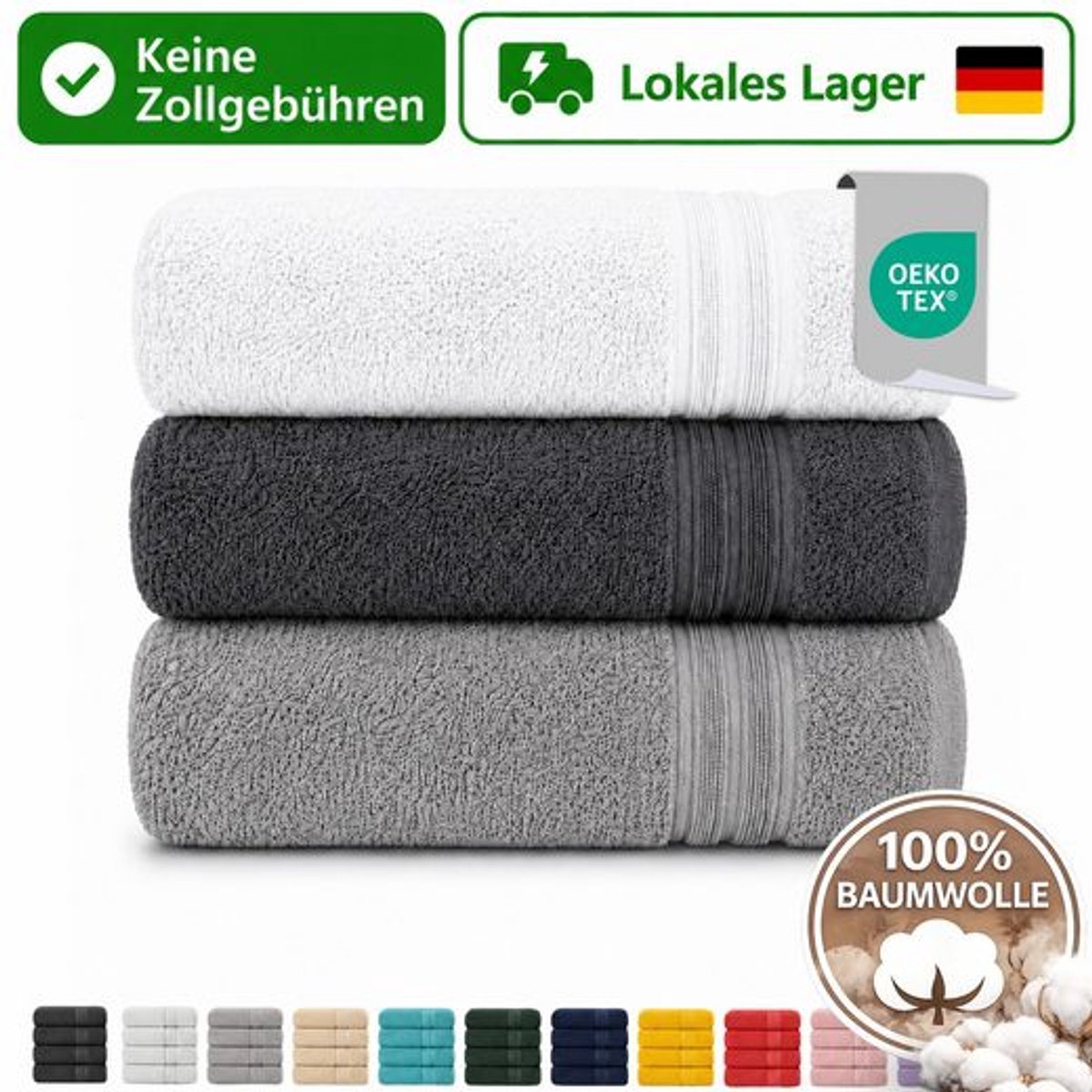 Komfortec Set van 3 Badhanddoek 100x200 cm van 100% Katoen, XXL Saunahanddoek, Grote Douchehanddoek, Zacht & Absorberend, Antraciet&Grijs&Wit