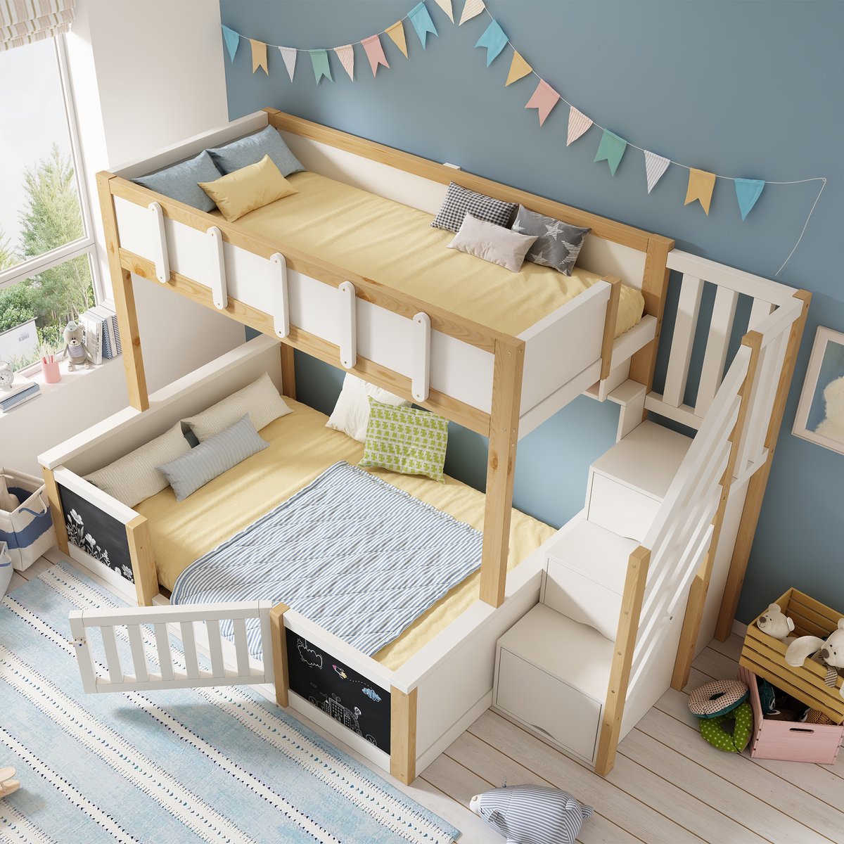 intebiki Kinderstapelbed 90x200 en 140x200 cm, familiebed, houten stapelbed met opbergtrap, krijtbord en veiligheidsdeur, wit/naturel (exclusief matras)