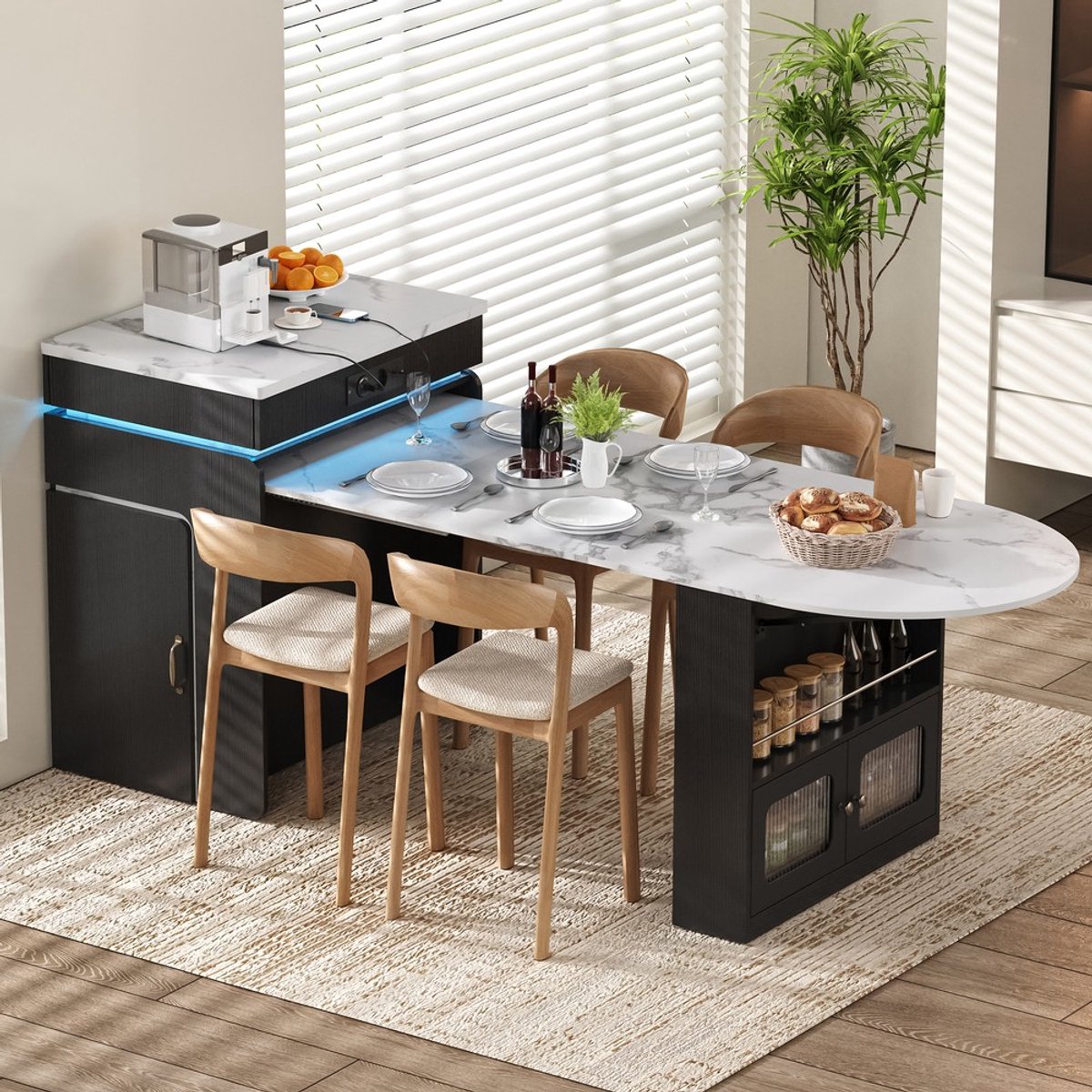 KOMHTOM Keukeneiland met wieltjes, uitschuifbare eettafel met stekkerdozen en LED-verlichting, dressoir met lades, te gebruiken als keukeneiland, dressoir of bartafel voor keuken en eetkamer - Zonder stoelen- (Zwart)