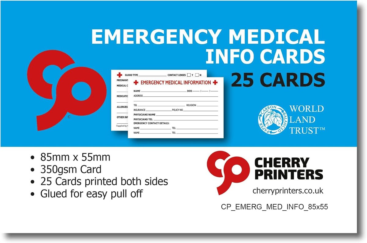 Medische noodinformatiekaarten 85 x 55 mm - 350 g/m² duurzaam papier - dubbelzijdig ontwerp - ShopVlot