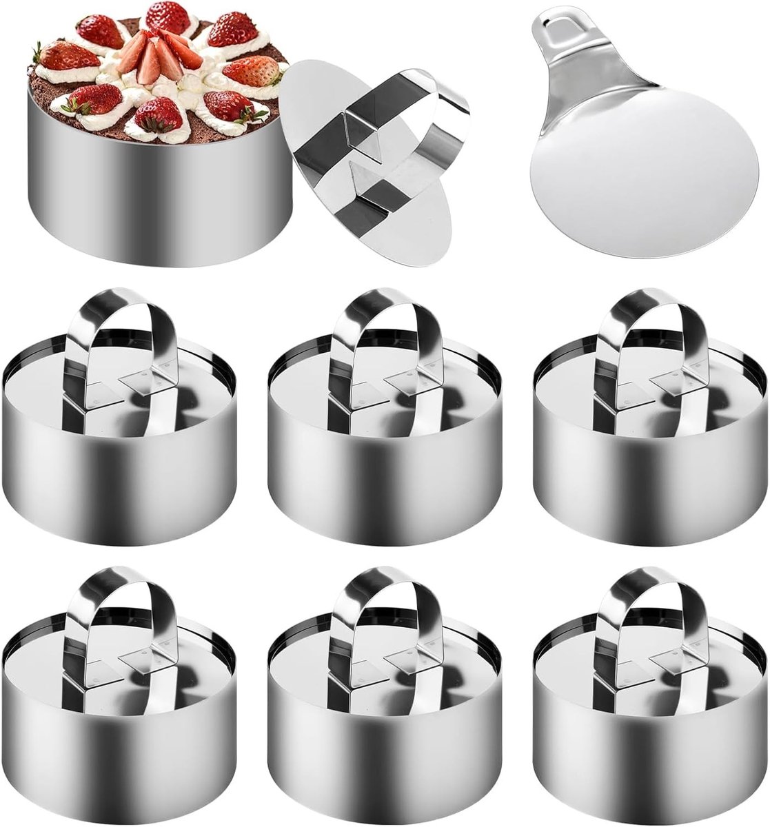 Set van 6 RVS Dessertringen van 8 cm voor Mousse, Taart en Pudding met Deksel en Lifter