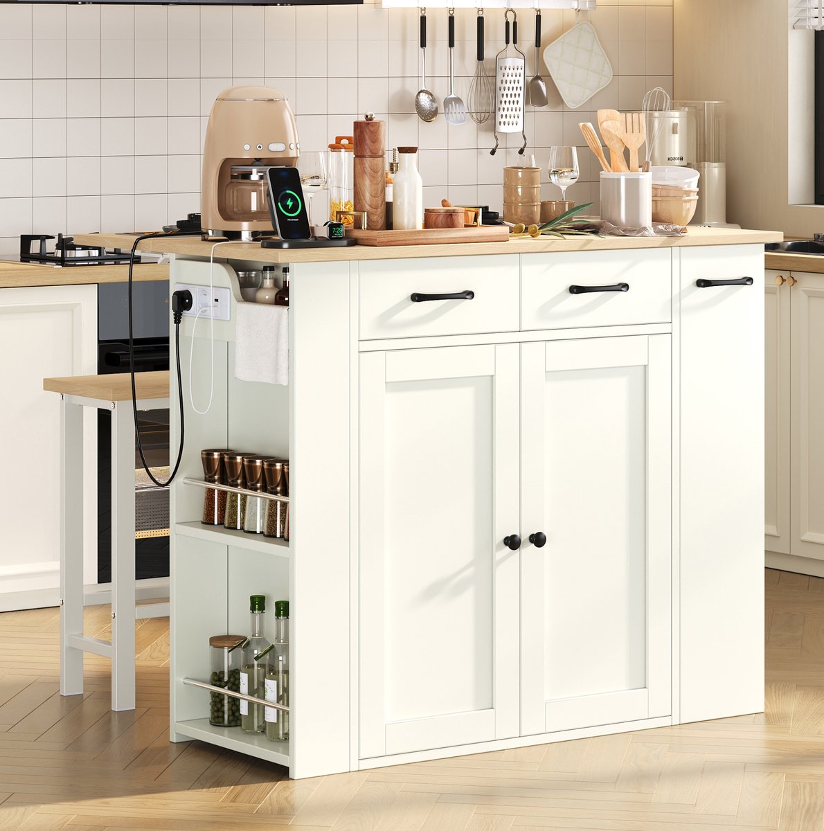 MEUNIQ Keukenmeubelset met uitklapbare keukeninsel 120 x 45-75 x 96 cm, lades, verstelbare legplanken, stopcontacten en 2 barstoelen, wit