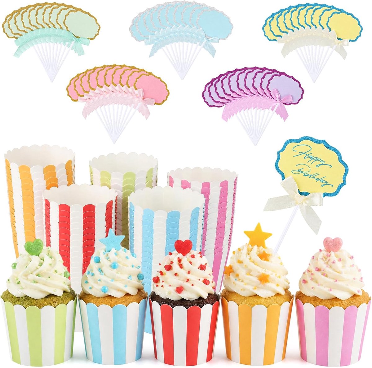 Muffinvormpjes papier 80 stuks - kleurrijke cupcake-vormpjes - inclusief beschrijfbare vlaggetjes - ShopVlot
