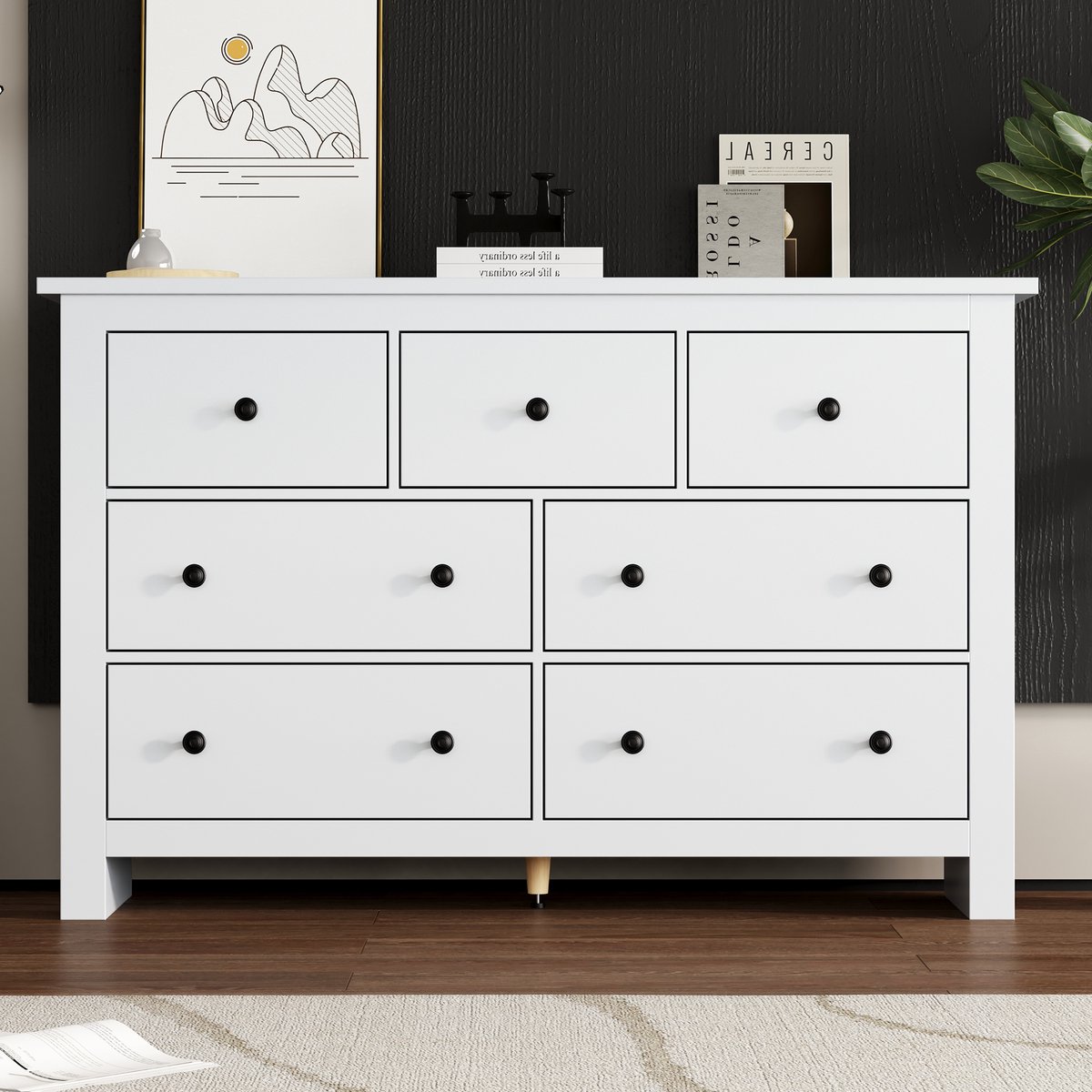 MEUNIQ Dressoir en buffetkast 152 x 40 x 89 cm met 7 lades, verstelbare middenpoot en kantelbeveiliging voor eetkamer, keuken of hal, wit