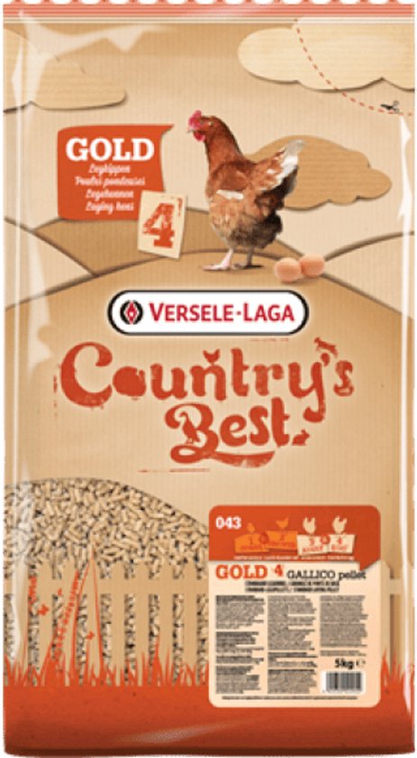 Versele-Laga Country's Best Gold 4 Gallico kippenvoer in pelletvorm, vanaf het eerste ei, 20kg. Met kippenillustratie.
