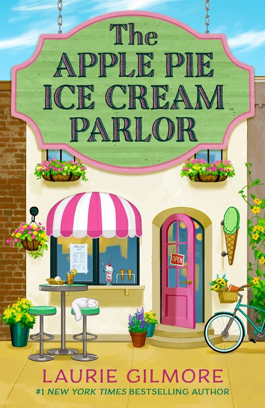 Boekomslag van "The Apple Pie Ice Cream Parlor" door Laurie Gilmore, met een charmante ijssalon en de tekst "The APPLE PIE ICE CREAM PARLOR".