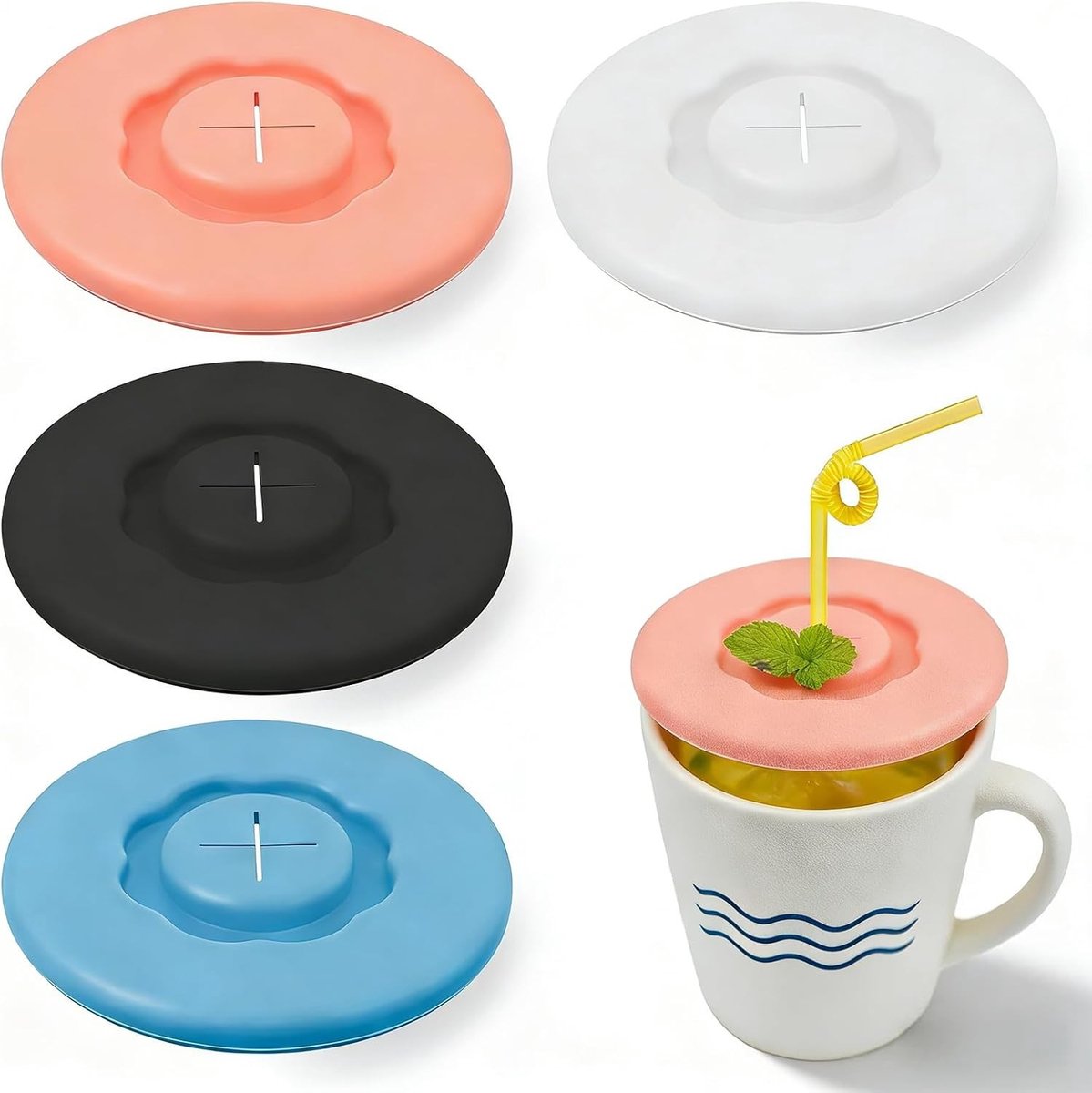 Herbruikbare Siliconen Deksel Set van 4 Stuks, Luchtdicht voor Bekers, Glazen en Flessen, 9.5 cm Diameter