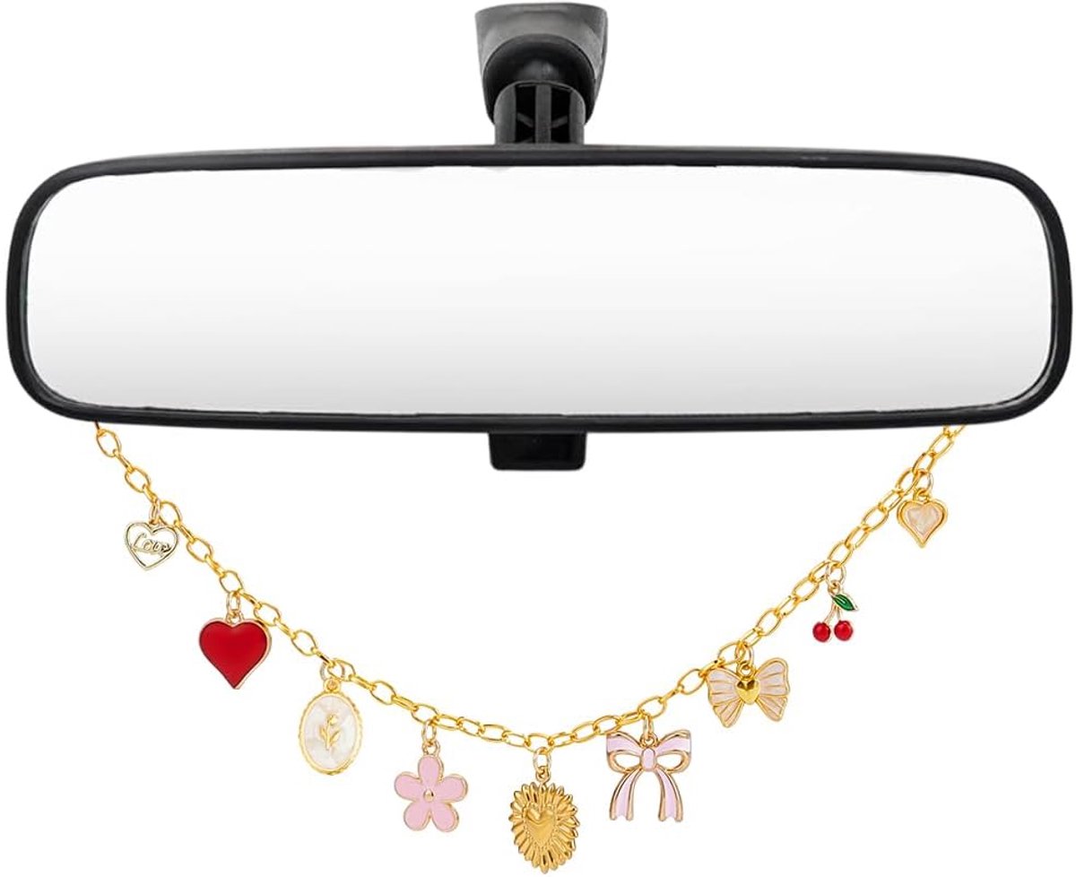 Auto opknoping ornament gouden achteruitkijkspiegel charme met kleurrijke hart strik bloem kers hangers boho bengelen ornament auto-interieur accessoires voor thuis raam balkon decor