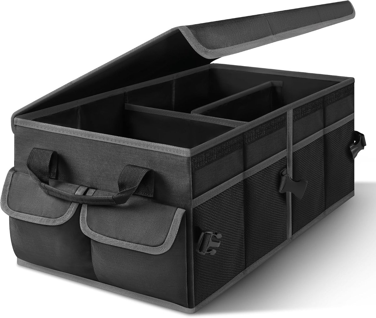 Opvouwbare kofferbaktas met deksel, auto-kofferbakorganizer met uitneembare scheidingswanden, uitgerust met antislip basis en klittenbandsluiting, zijdelingse mesh-vakken