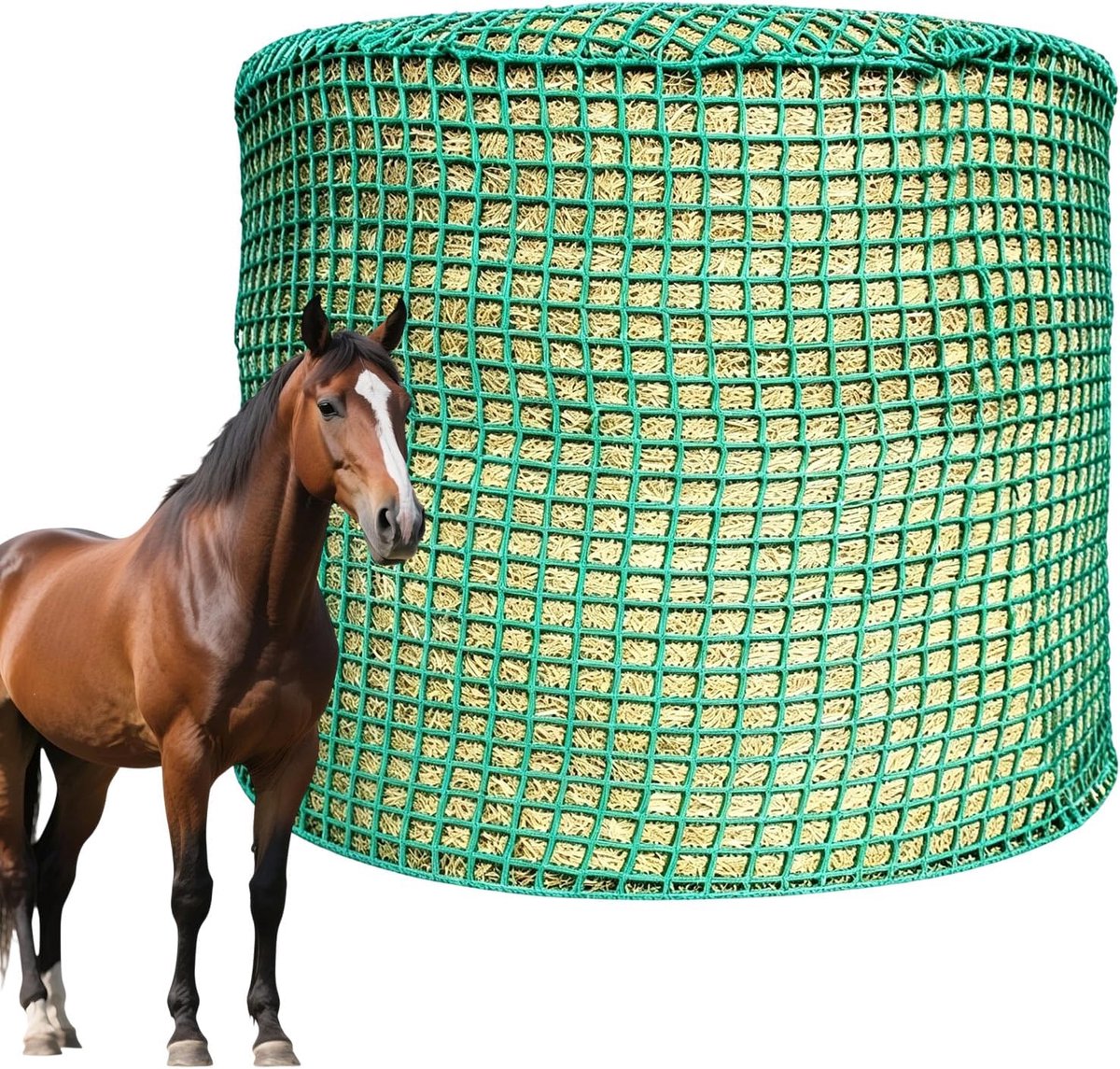 Ronde ballen, hooinet voor paarden, diameter 150 cm, hoogte 150 cm, fijnmazig voedernet, slijtvast hooinet voor paarden, ronde baldiameter, maaswijdte 4,5 x 4,5 cm, geschikt voor hooiroof