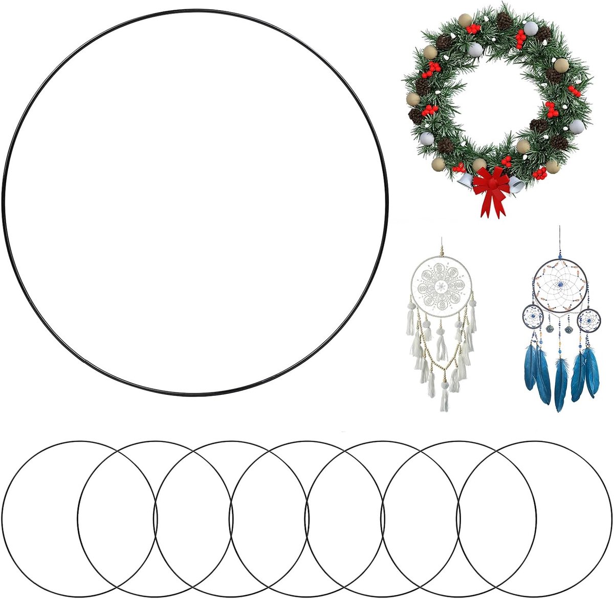 Ringen om te knutselen, 30 cm, 8 stuks decoratieve ringen om op te hangen, draadringen om te knutselen, decoratieve ringen, metalen ring, zwart, metalen ringen voor dromenvangers, bloemenkunst