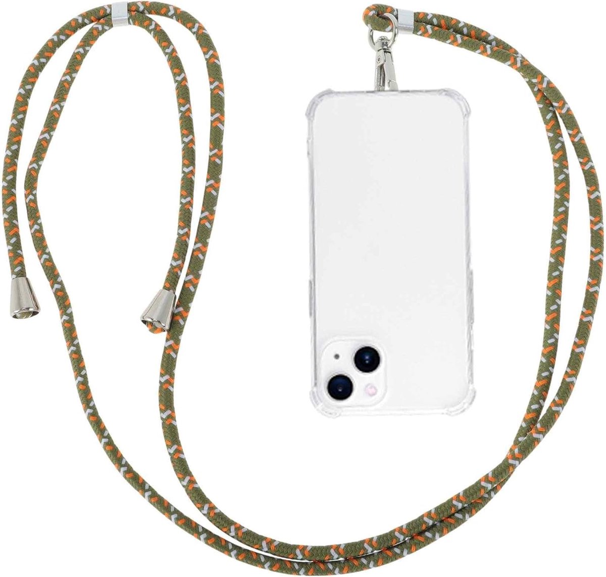 Omhangkoord, geschikt voor alle telefoons met 1 universele patch, telefoonriem, telefoonketting voor standaard telefoonhoes, groen, wit, oranje