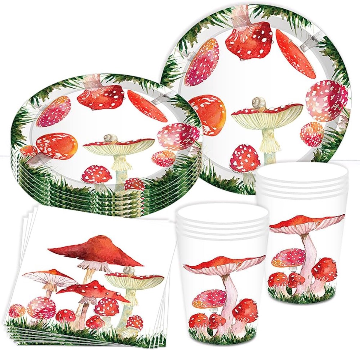 Partyserviesset, verjaardagsfeestje, rode paddenstoelen, papieren borden, servetten, verjaardagsdecoratie voor kinderverjaardag, Halloween, Kerstmis, 36 stuks