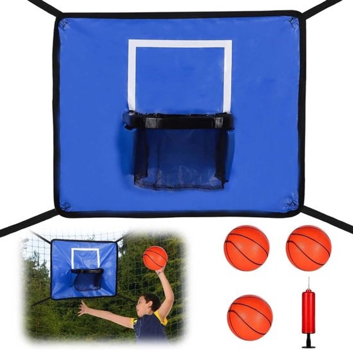 Basketbalring voor Trampoline - Bevestiging met Behuizing 3 Miniballen en Pomp - Kinderen Volwassenen - Binnen Buiten Spelen - Eenvoudig te Installeren