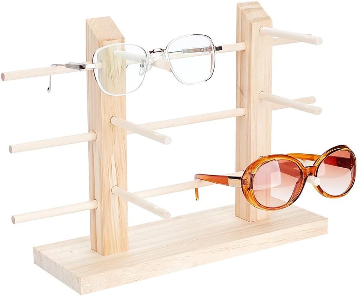 2-laags zonnebril displaystandaard voor 6 paar, houten brillenhouder en opslagrek voor optiek en retail